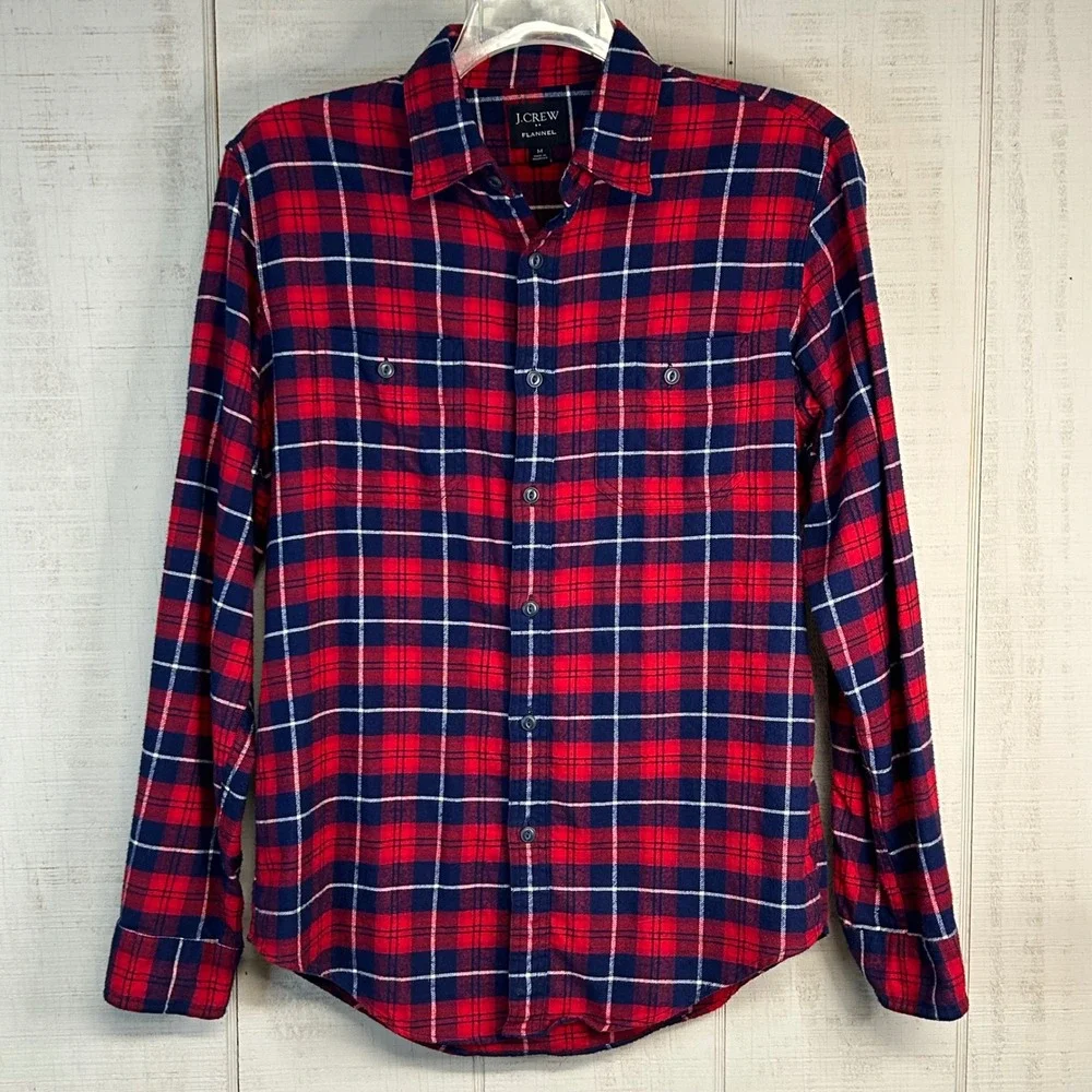J Crew Mens Flannel Shirt Sz M Button Up Red Navy Plaid Heritage Classic Country
